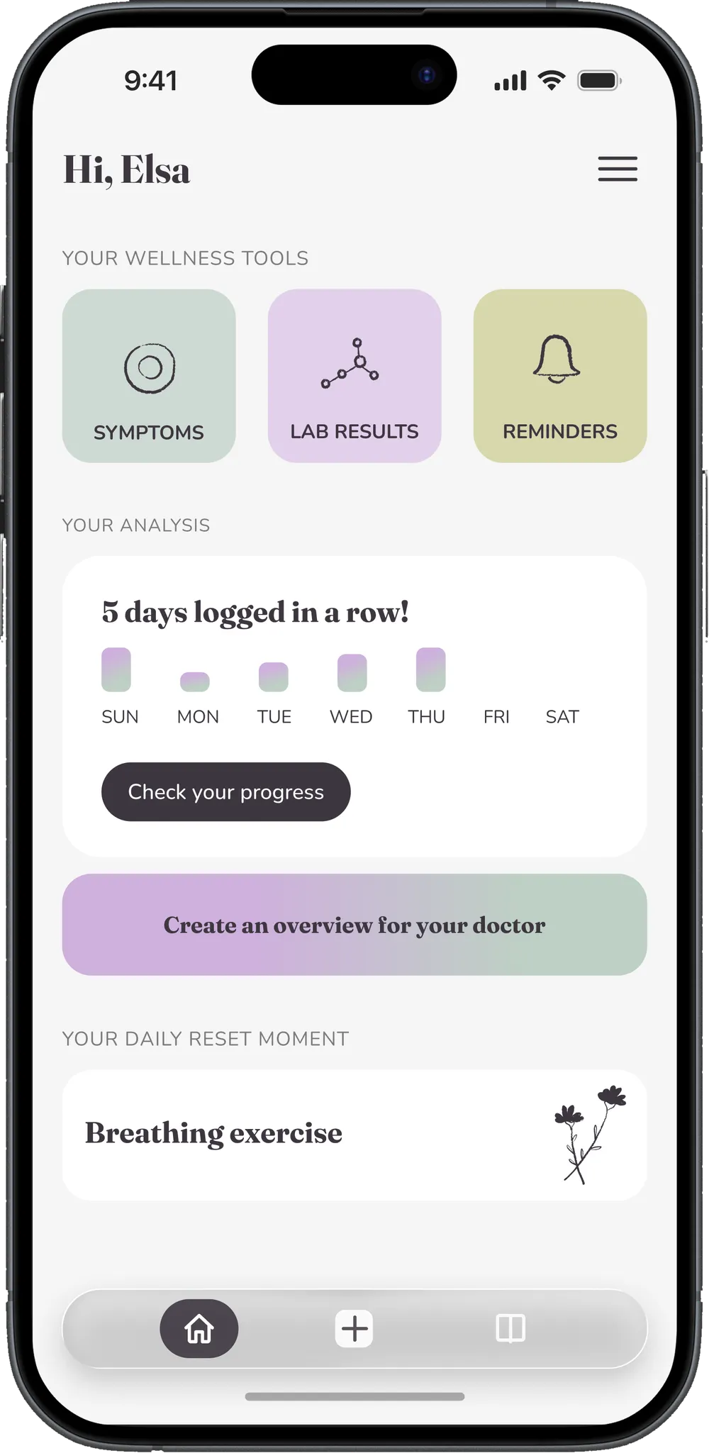 Kinu's appointment summary on a phone, showing recent symptoms, results and treatment adherence.